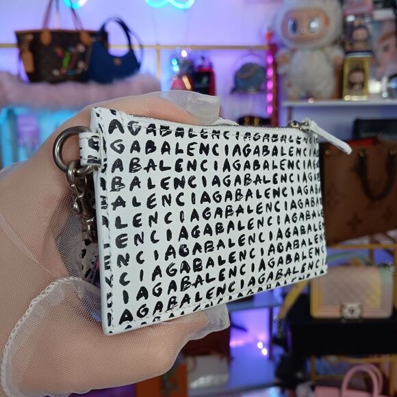 NIB Balenciaga White Black Logo Leather Zip Card Holder Wallet W/ Strap Lanyard - Picture 5 of 8